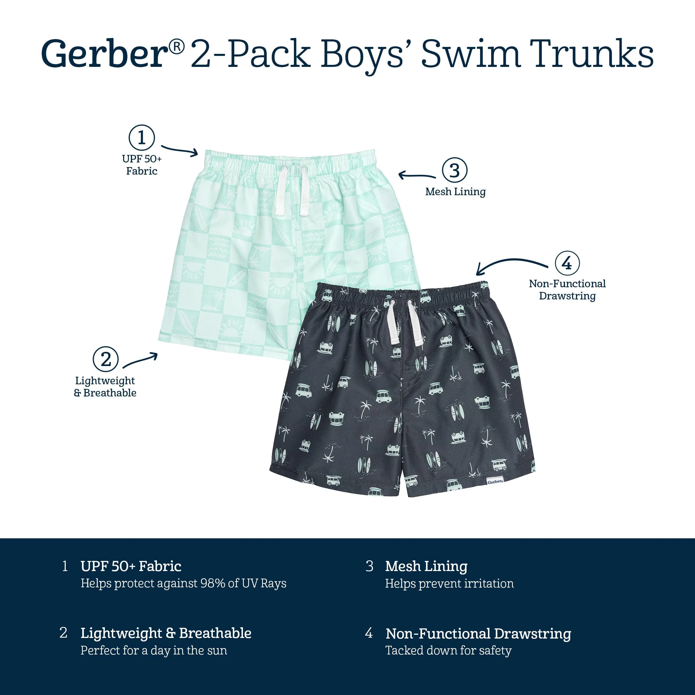 2-Pack Baby & Toddler Boys UPF 50  Surf Swim Trunks Gerber Childrenswea