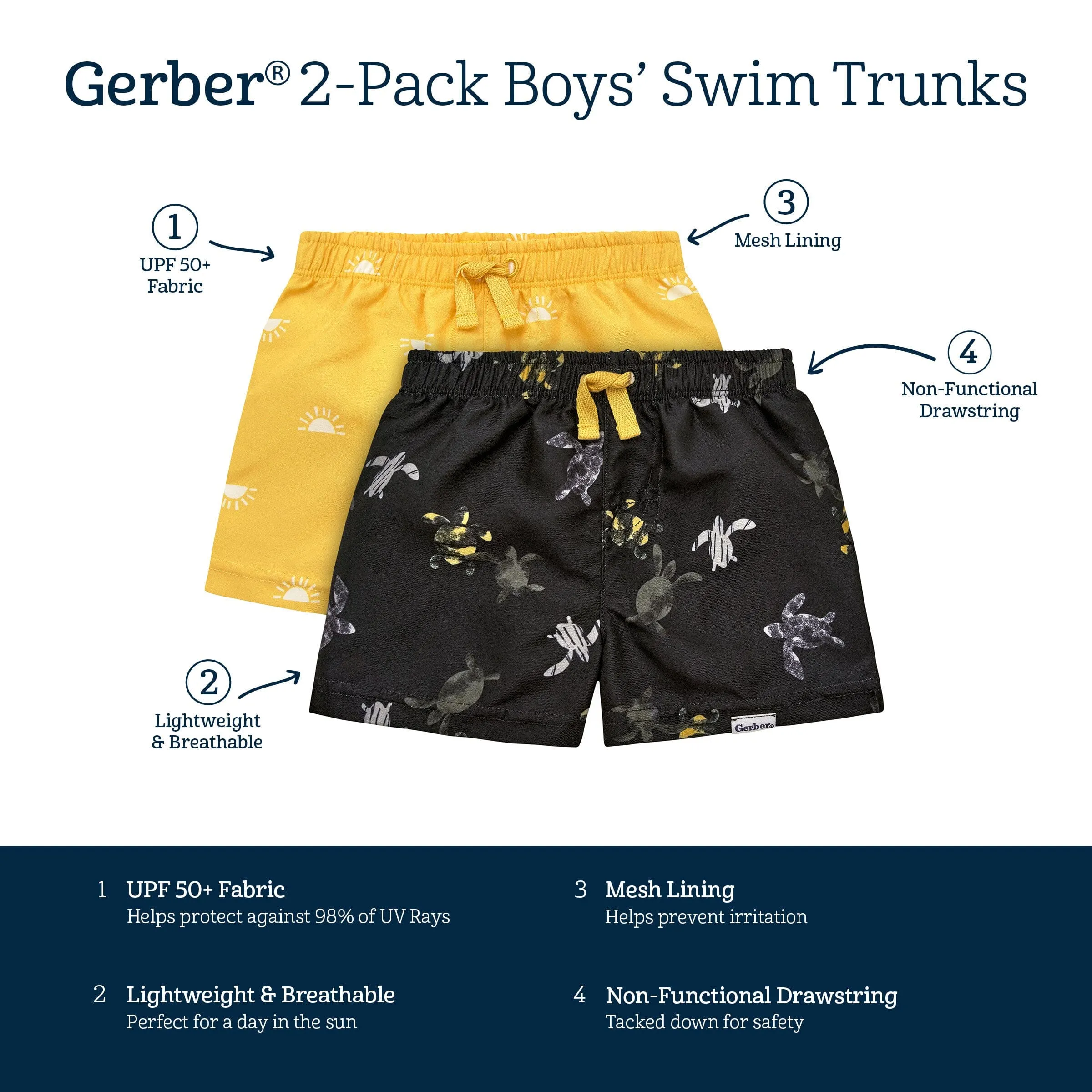 2-Pack Baby & Toddler Boys UPF 50  Turtles & Suns Swim Trunks Gerber Childrenswea