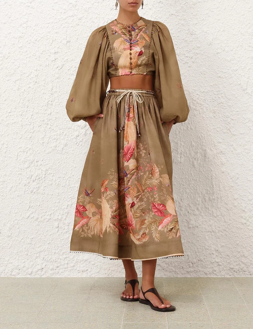 Ascension Midi Skirt in Khaki Palm Floral