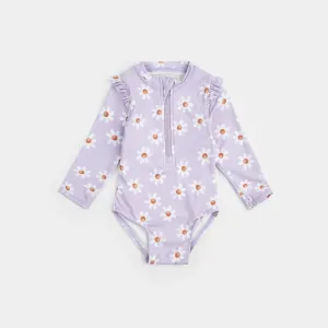 Daisy Print On Lavender Long-Sleeve Swimsuit | Petit Lem