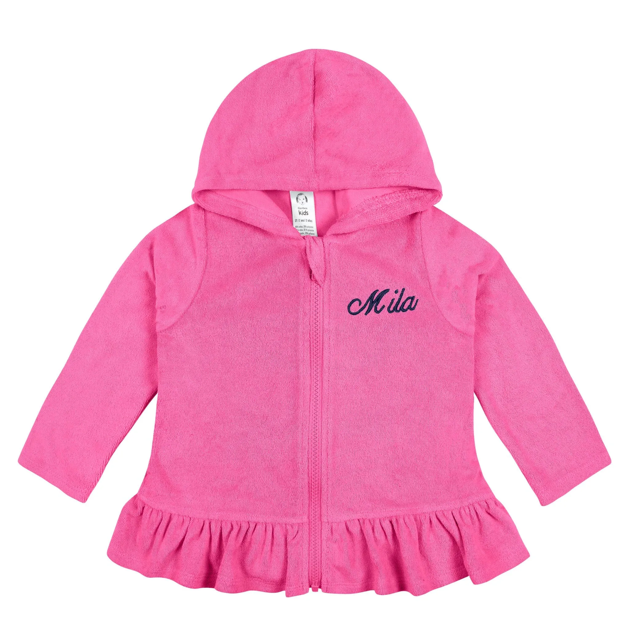 Embroidered Baby & Toddler Girls Pink Hooded Zip Front Terry Swim Coverup Gerber Childrenswea