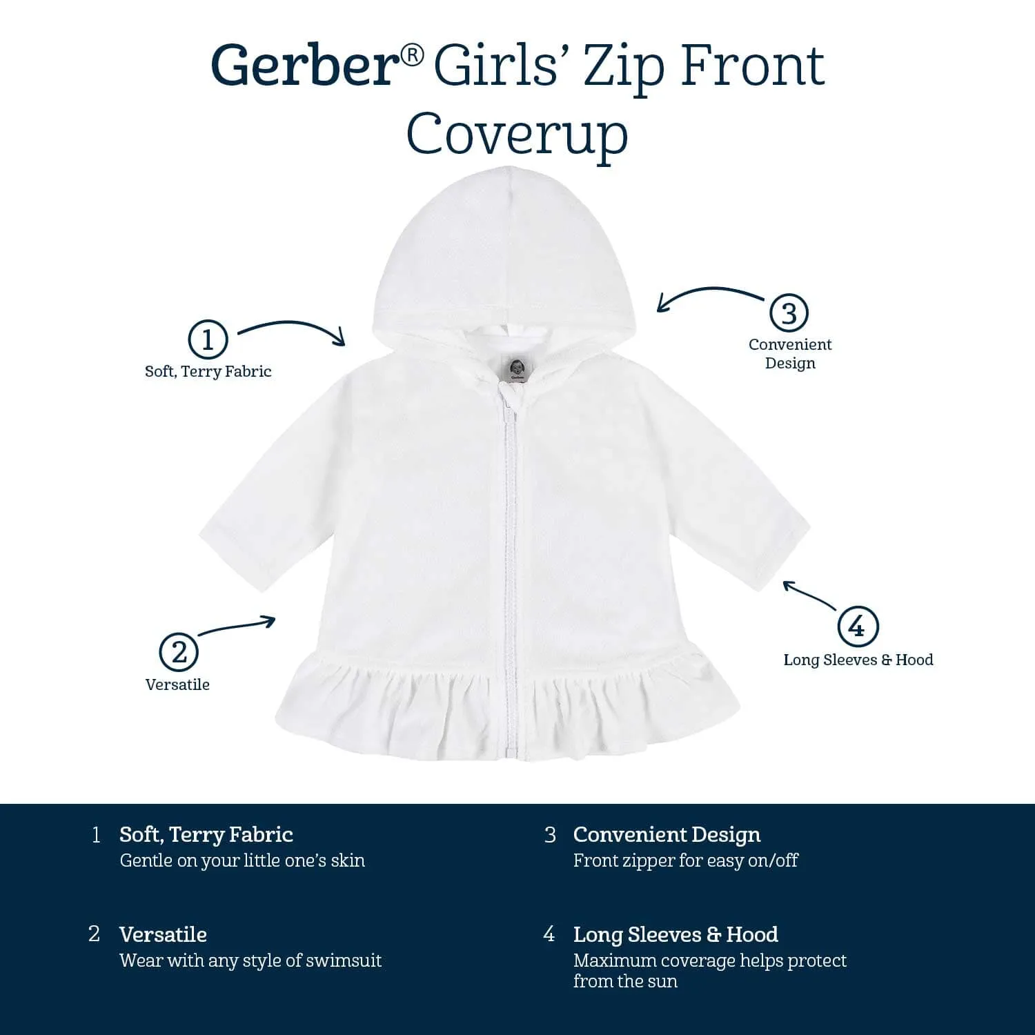 Embroidered Baby & Toddler Girls White Hooded Zip Front Terry Swim Coverup Gerber Childrenswea