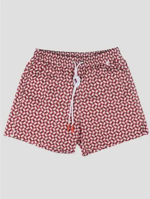 Isaia Men's Red Geometric Pattern Swim Trunks