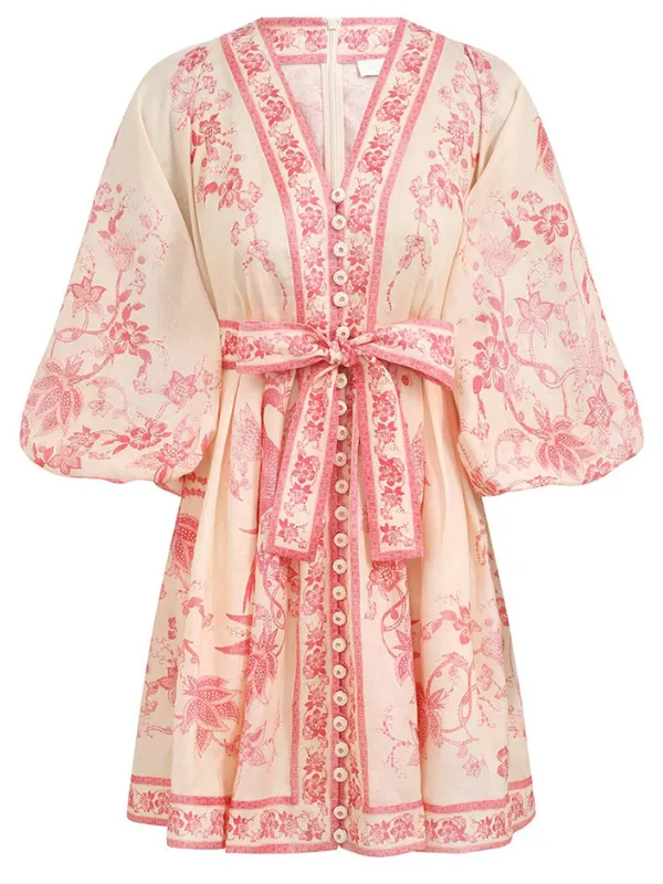 Lucky Plunge Mini Dress in Cream/Pink Floral
