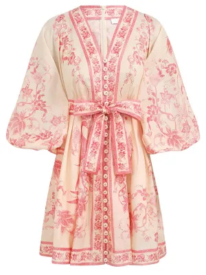 Lucky Plunge Mini Dress in Cream/Pink Floral