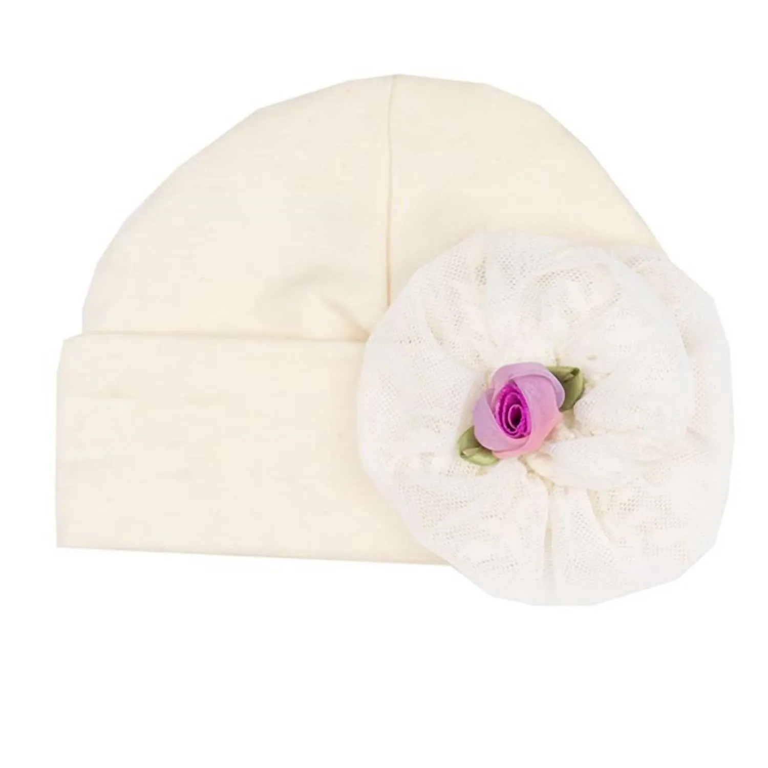 Newborn Girls Lacy Lilac Cap In Ivory/lavender
