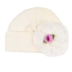 Newborn Girls Lacy Lilac Cap In Ivory/lavender