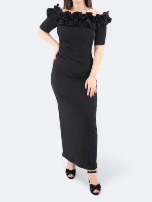 Women's Ruffled Neck Dress,Black